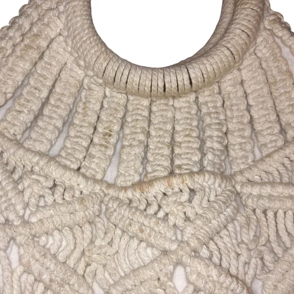 Boho Macrame Straw Tote Bag Wooden Handles Cream Beach Purse - Picture 4 of 5